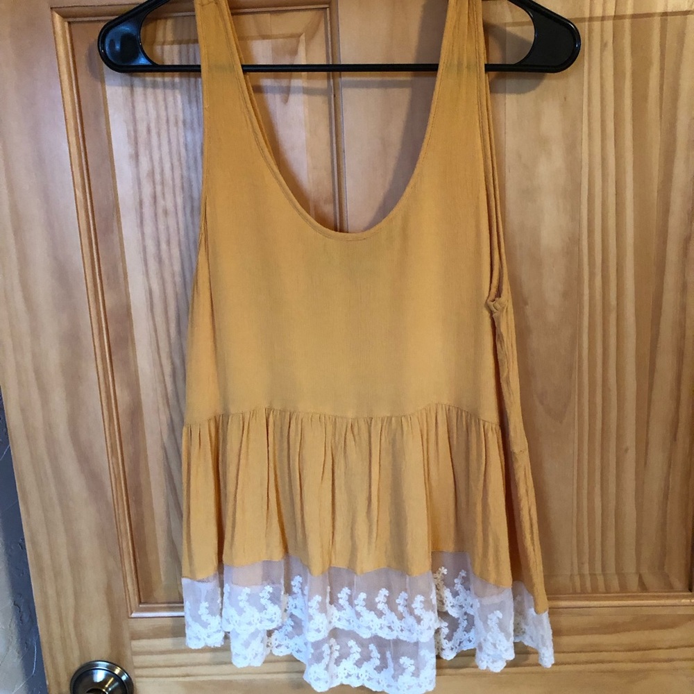 Yellow Sleeveless Top with Lace Hem